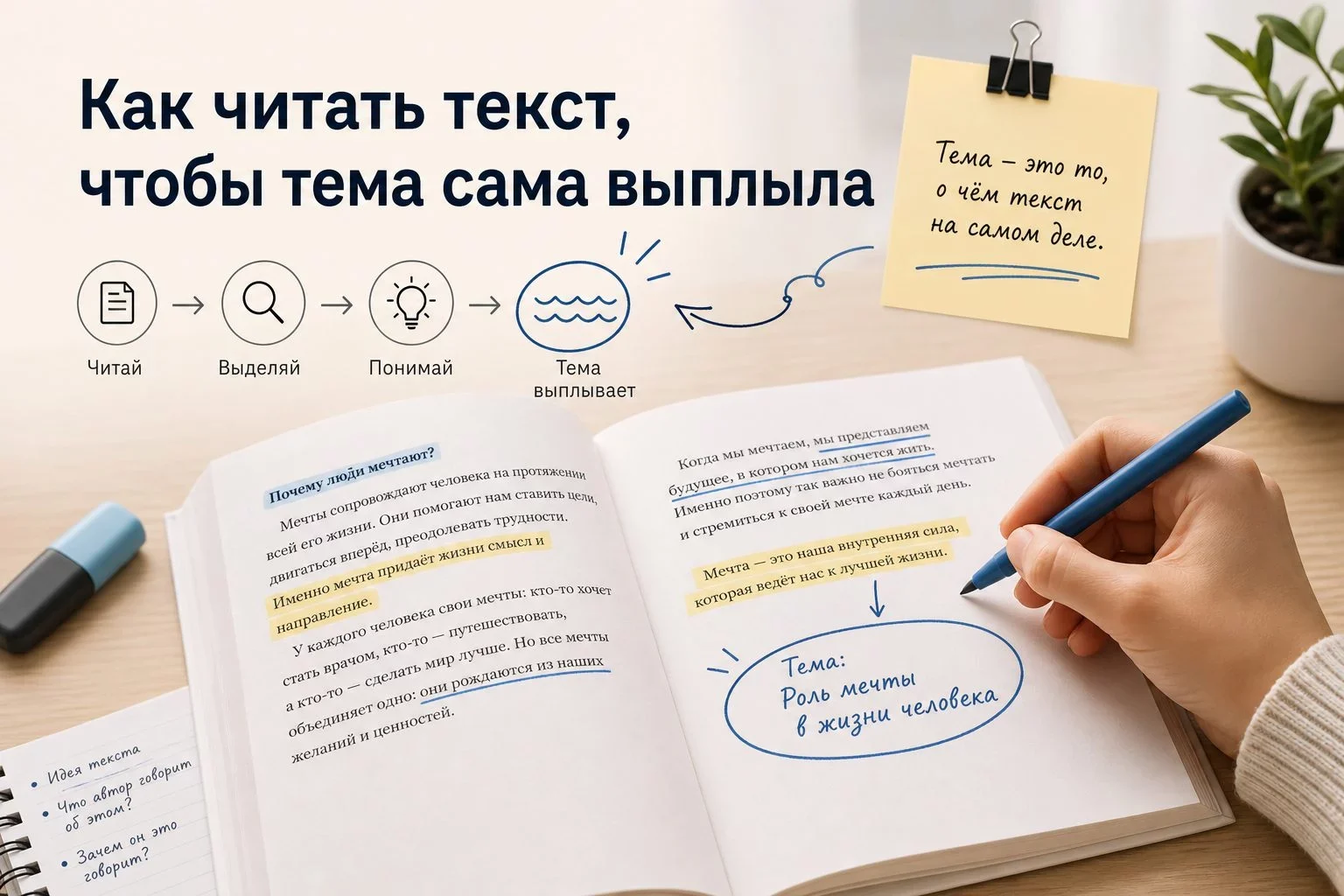 Стратегия выделения темы напрямую зависит от того, с каким стилем текста и типом речи (описание, повествование, рассуждение) ты имеешь дело.